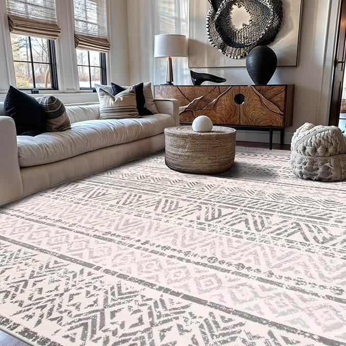 Rugshop Geometric Boho Area Rug – Gray Tribal Pattern, Perfect for Living Room, Bedroom, Dining Room, 6'6" x 9'