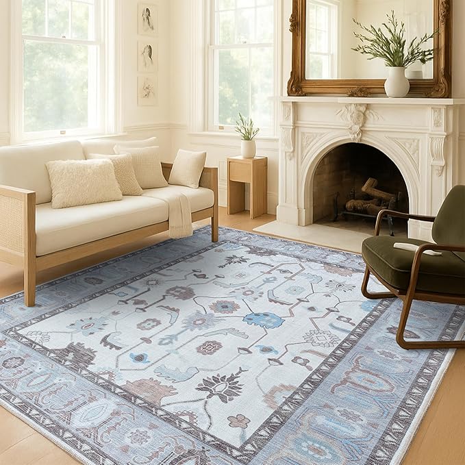 Fame Living Cream Grey Oushak Runner Rug, Modern Runners, Vintage, Turkish, Eclectic, Floral, Pastel, Washable, Long Runner Rugs for Hallway, Kitchen, Living Room, Bedroom, Kitchen, Bathroom, 2'5"x13'