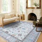 Fame Living Cream Grey Oushak Rug, Modern, Vintage, Turkish, Eclectic, Floral, Pastel, Washable, Extra Large Area Rugs for Living Room, Dining, Bedroom, Lounge, 9'x12'