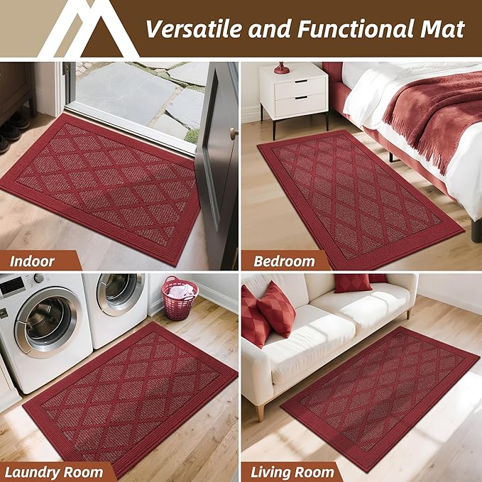 COSY HOMEER Non-Slip Door Mat 36"x60", Entryway Rugs Low Profile Absorbent Dirt Trapper Doormat for Front Entrance, Washable Polypropylene Entry Mat (Red)