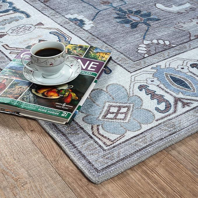 Fame Living Grey Oushak Rug, Modern, Vintage, Turkish, Eclectic, Floral, Pastel, Washable, Large Area Rugs for Living Room, Dining, Bedroom, Girls, Boys, 7'5"x9'8"
