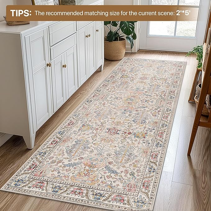 Area Rugs 8x10 Clearance Washable Boho Rug for Bedroom Living Room, Non Slip Thin Low Pile Chenille Carpet for Dining Room,Vintage Farmhouse, Retro Multi