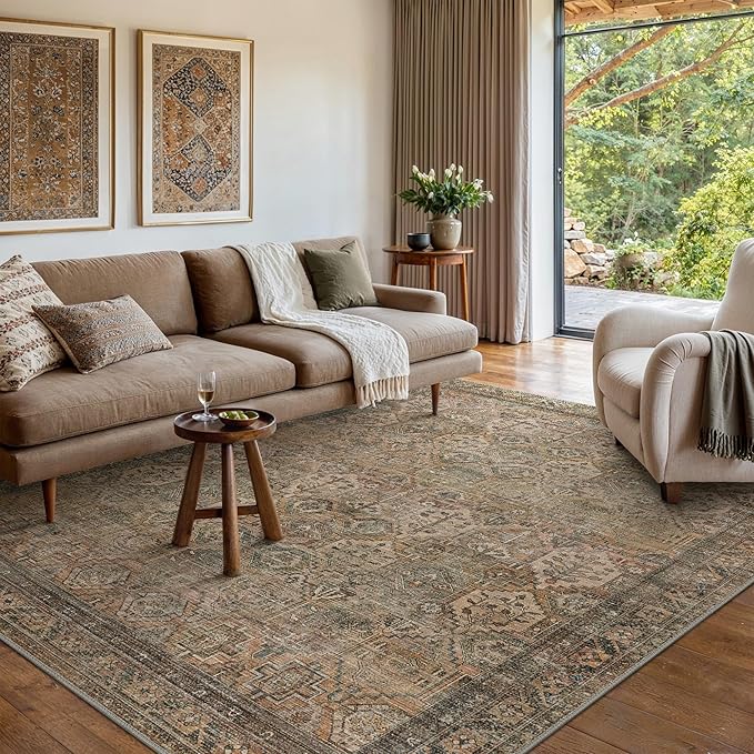 Bavni Washable Rug 8x10 Area Rug for Living Room Bedroom Dining, Washable Vintage Print Carpet, Ultra-Thin Chenille Low Pile Lightweight Rug with Non Slip Backing, Warm Taupe