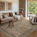 Bavni Washable Rug 9x12 Area Rug for Living Room Bedroom Dining, Washable Vintage Print Carpet, Ultra-Thin Chenille Low Pile Lightweight Rug with Non Slip Backing, Warm Taupe