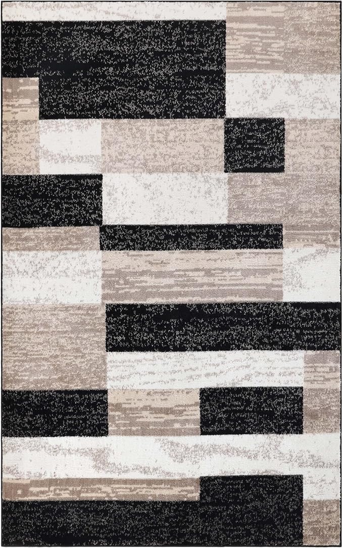 Superior Indoor Area Rug, Jute Backed, Modern Geometric Patchwork Floor Decor for Bedroom, Office, Living Room, Entryway, Kitchen, Hardwood Floors, Rockwood Collection, 9' x 12', Ivory-Beige