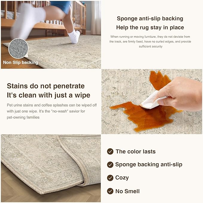 HUGEAR 9x12 Machine Washable Area Rugs Vintage Beige - Neutral Living Room Bedroom Rug Non Slip Stain Resistant Low Pile Aesthetic Throw Carpet Kids & Pet Friendly