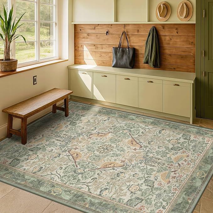 Washable Area Rugs 5x8 for Bedroom - Western Plant Rugs for Living Room, Dinning Room, Home Office, Playroom with Boho Light Green Botanical & Bird Pattern, Non Slip Stain Resistant Low Pile