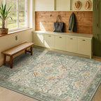 Washable Area Rugs 5x8 for Bedroom - Western Plant Rugs for Living Room, Dinning Room, Home Office, Playroom with Boho Light Green Botanical & Bird Pattern, Non Slip Stain Resistant Low Pile