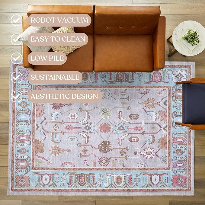Fame Living Pink Oushak Rug, Modern, Vintage, Turkish, Eclectic, Floral, Pastel, Washable, Area Rugs for Living Room, Dining, Bedroom, Office, Entryway, Foyer, Playroom, Nursery, 5'x6'9"