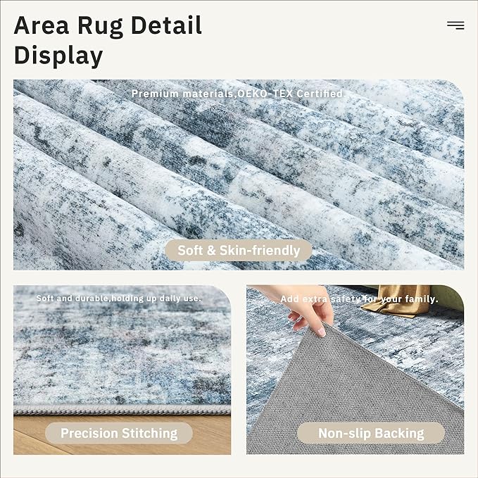 10x14 Area Rugs for Living Room, Non Slip Machine Washable Vintage Rugs, Low Pile Lightweight Large Rug for Bedroom, Dining Room, Home Office Blue