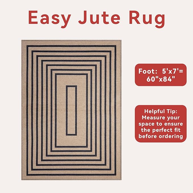 Easy Jute Rug 5x7 Large Washable Area Rug for Dining Room Table,Non-Slip Thin Indoor Outdoor Rug,Modern Farmhouse Geometric Floor Carpet for Living Room Office Bedroom Patio Sunroom