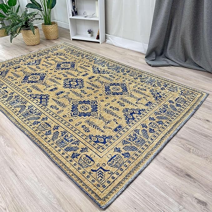 Alfa Rich 4x6 Gold Navy Blue Washable Area Rugs for Living Room Bedroom Kitchen Dining Cotton Rug