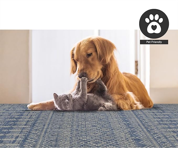 FH Home Flat Woven Outdoor Rug - Waterproof, Easy to Clean, Stain Resistant - Premium Polypropylene Yarn - Boho Moroccan - Patio, Porch, Deck, Balcony - Dakar - Blue - 5ft 2in x 7ft 6in
