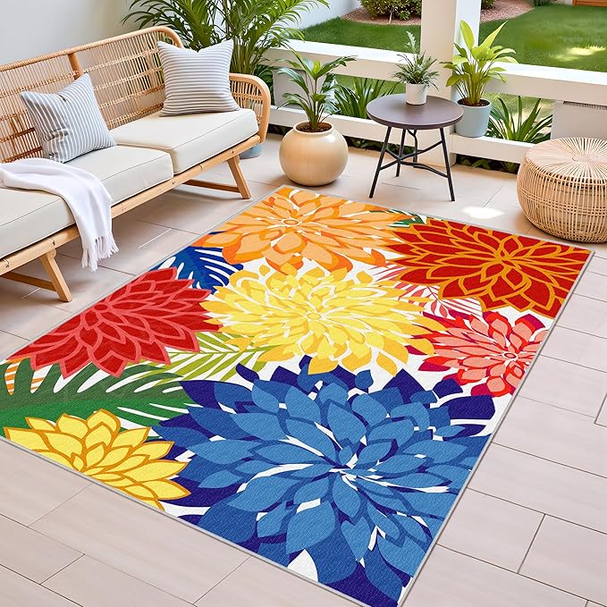 Colorful 3x5 Washable Rug for Living Room Tropical Botanical Modern Floral Chenille Area Rugs Low Pile Non Slip Carpet for Patio, Bedroom, Laundry, Rainbow