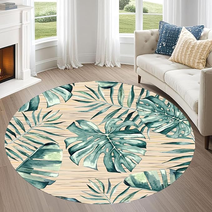Tropical Leaf Round Area Rug 7ft - Green Beige Watercolor Design Indoor Carpet, Soft Non-Slip Floor Mat for Living Room Bedroom Office, Easy Clean Modern Decor