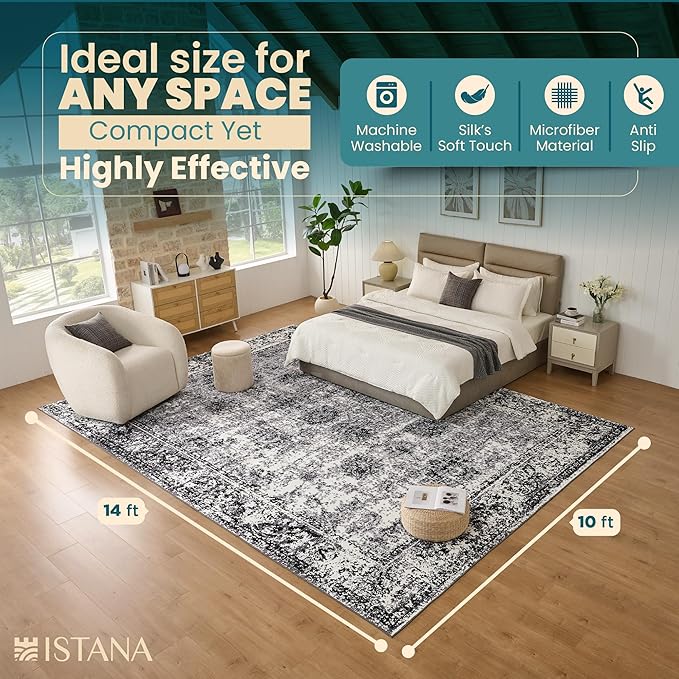 Istana Stylish 10x14 Foldable Machine Washable Dark Grey Area Rugs