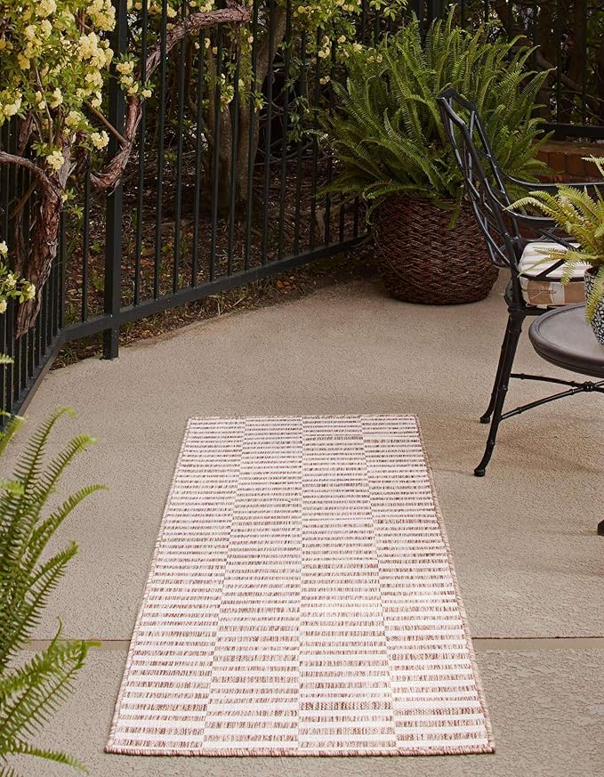 Unique Loom Outdoor Striped Collection Area Rug - Striped (2' x 8' Runner Taupe/Ivory)