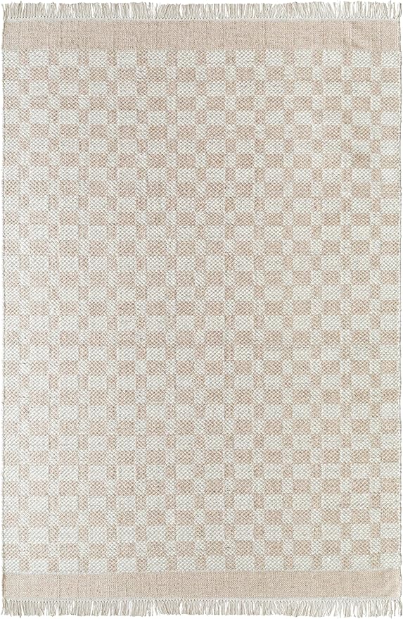 Mark&Day Wool Rugs, 5x8 Clinten Solid and Border Tan Checkered Rug, Tan Ivory Carpet for Living Room, Bedroom or Kitchen (5' x 7'6")