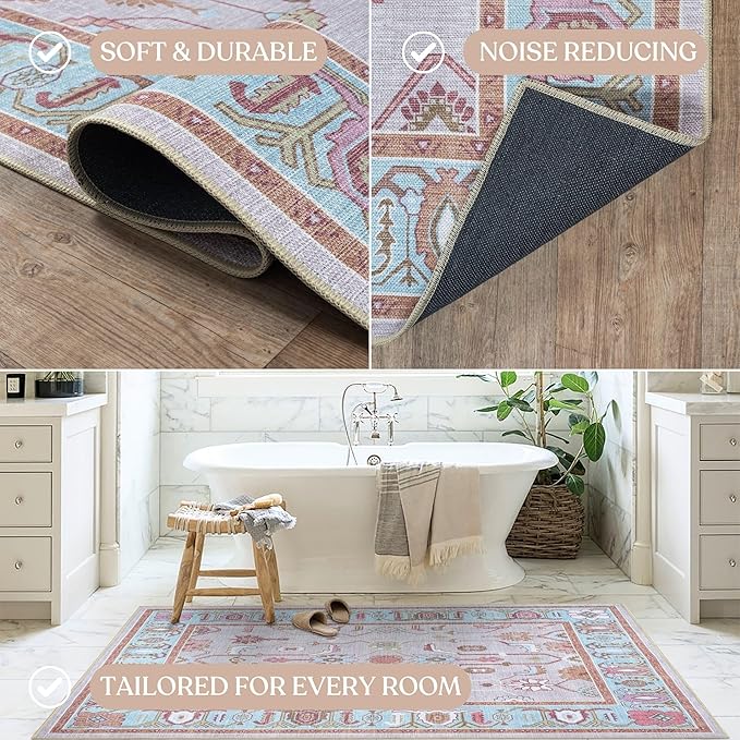 Fame Living Pink Oushak Runner Rug, Modern Runners, Turkish, Eclectic, Floral, Pastel, Washable, Small Throw Rugs, Short Runner for Hallway, Entryway, Laundry, Bedroom, Kitchen, Bathroom, 2'5"x6'5"