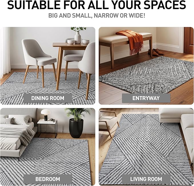Rugshop Geometric Diamond Stripe Shag Area Rug White 4' x 6' Ideal for Small Living Rooms, Offices, or Beside The Bed