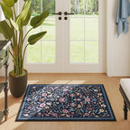 Vintage Medallion Floral Indoor Door Mat 2x3, Machine Washable Entryway Rug, Low Pile Soft Small Carpet, Non-Slip Area Rug for Entrance, Bedroom, Kitchen & Kids Room | Blue
