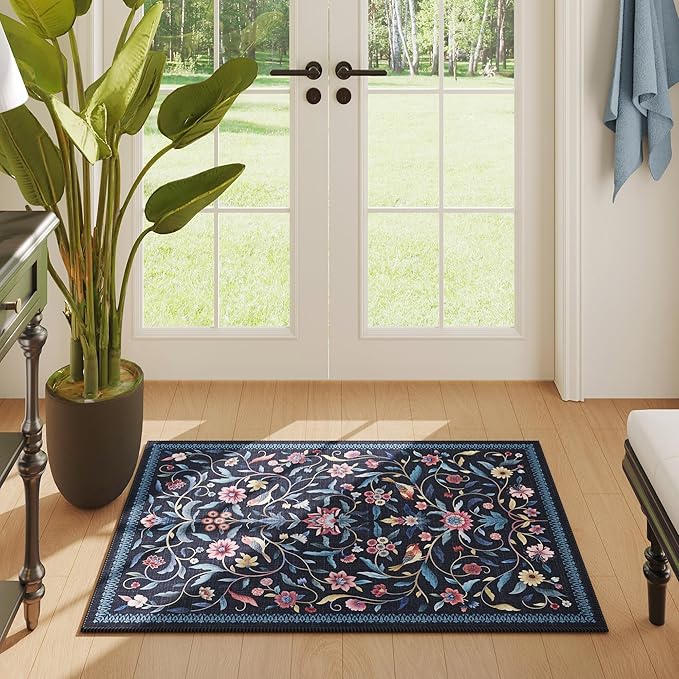 Vintage Medallion Floral Indoor Door Mat 2x3, Machine Washable Entryway Rug, Low Pile Soft Small Carpet, Non-Slip Area Rug for Entrance, Bedroom, Kitchen & Kids Room | Blue