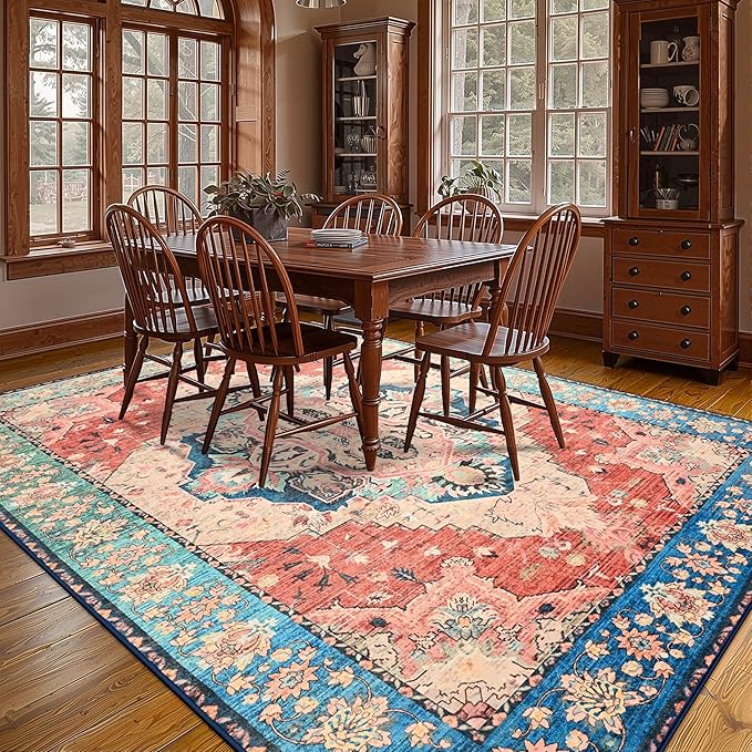 YJ.GWL Area Rugs for Living Room 8x10 Machine Washable Rugs, Non Slip Floral Vintage Rug Indoor Carpet, Stain Resistant Large Rug for Bedroom Dining Room, Red Blue Gradient Color