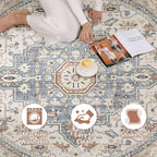 Round Rug Living Room Rugs: 10Ft Washable Boho Neutral Large Circle Soft Indoor Distressed Stain Resistant Floor Farmhouse Carpet for Bedroom Nursery Kids Playroom Office Dining Room Dorm- Beige Blue