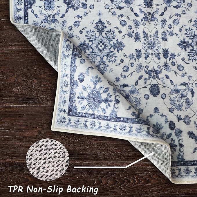 vivorug Runner Rug 2'x7' Vintage Washable Non-Slip Runners for Hallways Kitchen Entryway Laundry Room Carpet Hallway Runner Ivory/Blue