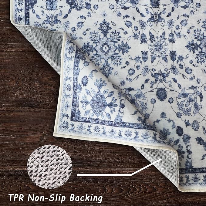 vivorug 3x5 Rug, Stain Resistant Washable Rug for Living Room, Floral Area Rug Vintage Inspired (Ivory/Blue, 3'x5')