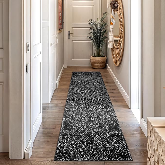 Rugshop Geometric Diamond Stripe Shag Runner Rug Anthracite Dark Gray 2' 3" x 8' Perfect for Hallways, Kitchens, or Behind The Sofa