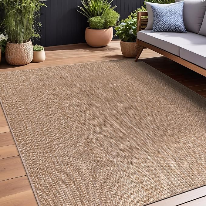 Beverly Rug Indoor Outdoor Rug 10x14, Washable Outside Carpet for Patio, Deck, Porch, Solid Modern Area Rug, Water Resistant, Jute Beige