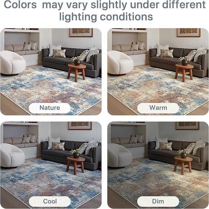 5x7 Area Rugs Washable Blue Rug for Living Room Bedroom, Abstract Modern Large Rug Non Slip, Water Repellent Low Pile Soft Carpet for Dining Room, Blue Rust