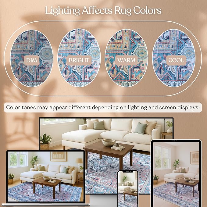Washable Area Rug. Modern Farmhouse. Vintage. Turkish. Bohemian. Distressed. Oriental. Traditional. Rugs for Living Room. Dining. Bedroom. Office. Entryway. Foyer. (861NT, 9'5" x 14')