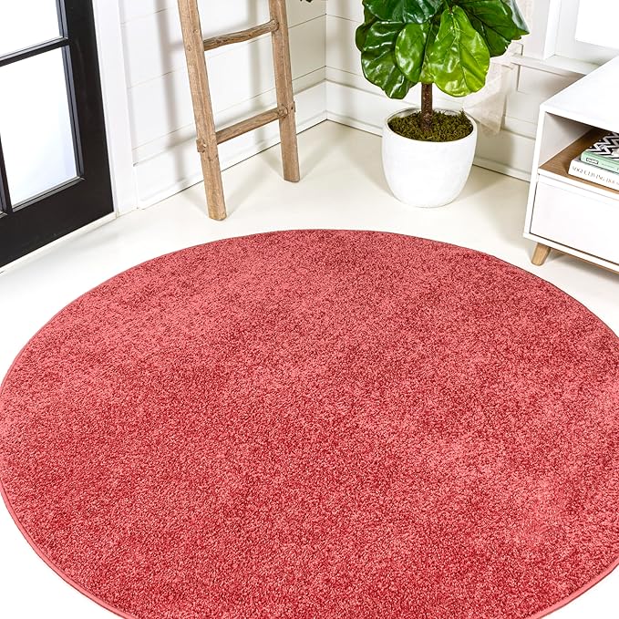 Eyely UES100E-6R Haze Solid Low-Pile Red 6' Round Area Rug, Pet Friendly, Stain Resistant, Easy Cleaning, for Bedroom, Living Room, Kitchen