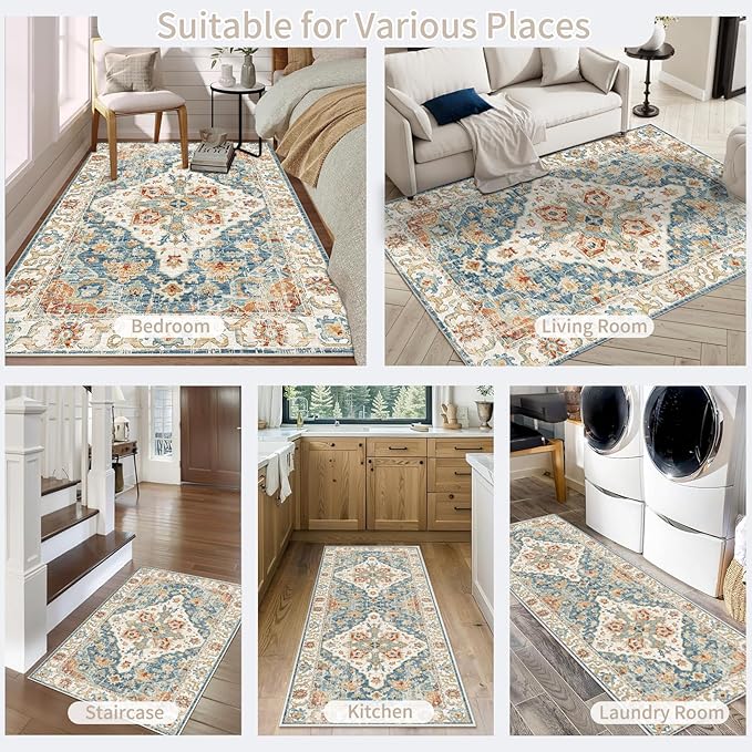 Enkor Runner Rugs for Hallway, 2x6 Washable Soft Non Slip Floor Rugs for Kitchen, Modern Mat for Living Room Bedroom Entryway Orange & Blue