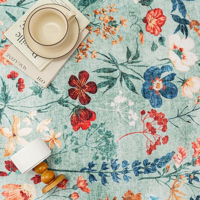 Floral Runner Rug 2x8 Washable Hallway Long Green Bedroom Carpet Non Slip Indoor Boho Kitchen Low Pile Accent Rug Lightweight Soft for Bathroom Dining Laundry Living Room