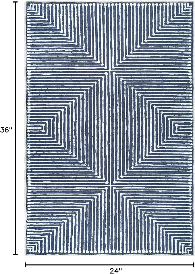 Bloom Rugs Washable Non-Slip 2' x 3' Rug - Blue Striped Area Rug for Living Room, Bedroom, Dining Room, and Kitchen - Exact Size: 2' x 3'