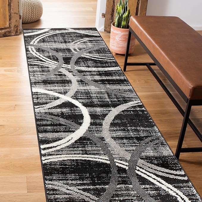 Rugshop Modern Wavy Circles Design Runner Rug, Fade-Resistant Carpet for Hallway, Entryway, or Kitchen, Black, 2' x 10'