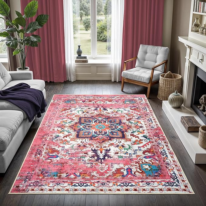 GLN Rugs Traditional Collection - Machine Washable Area Rug, Traditional Washable, Non Slip, Low Pile Chenille Rug, Living Room, Bedroom, Kitchen Rug (5' x 7' Pink/Multicolor)