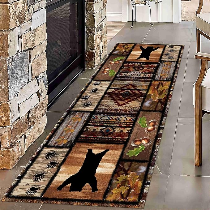 Wild Animal Bear Long Runner Rug, 3.3x10ft, Brown Geometric Stitching Non-Slip Kitchen Mat, Animal Bear and Plant Pine Cone Autumn Leaf Print Entrance Carpet, Southwest Country Style Indoor Decoration