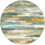 Modern Abstract Round Rug 5Ft, Green Mustard Multi Small Washable Non-Slip Circle Rug, Soft Circular Dining Room Rug Thin Print Faux Wool Carpet for Bedroom Living Room Office Playroom