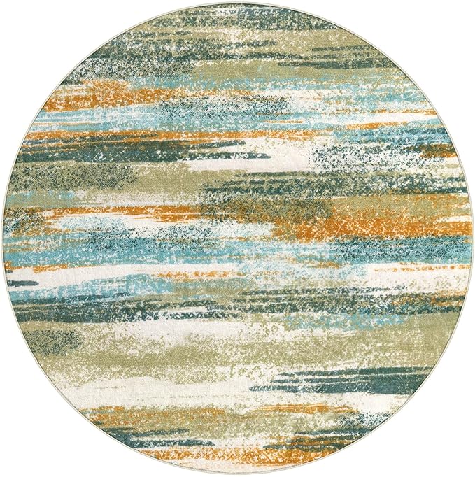 Modern Abstract Round Rug 3Ft, Green Mustard Multi Round Rug Washable Non-Slip Soft Small Circle Rug, Circular Entryway Rug Thin Print Faux Wool Carpet for Bedroom Living Room Office