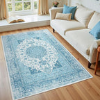 4x6 Area Rug for Bedroom, Machine Washable Rugs with Non-Slip Backing for Living Room, Soft Vintage Carpet Kitchen Laundry Kids Room Decor, Celestial Blue