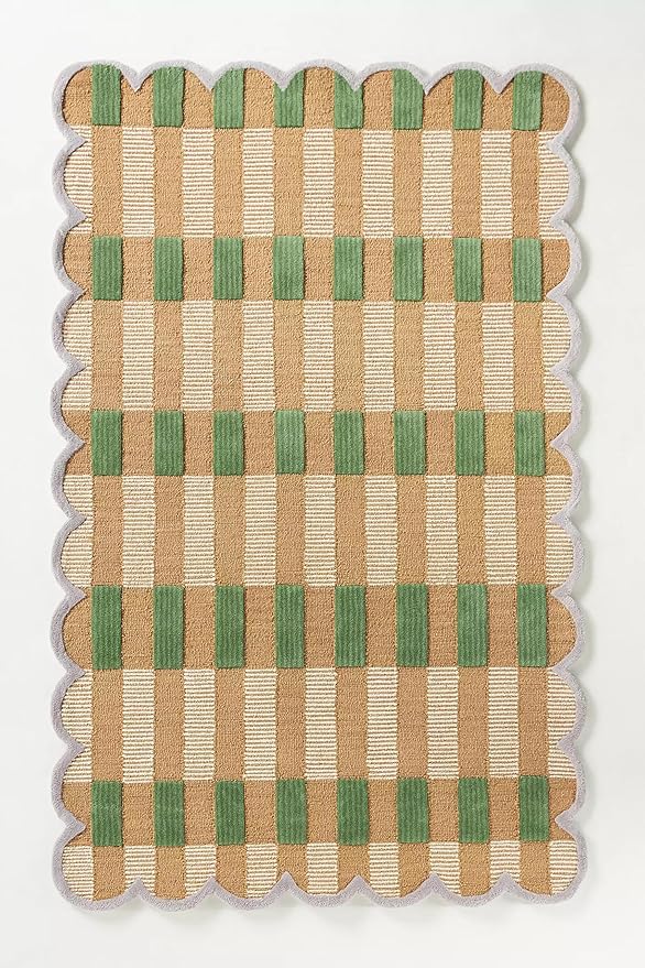 Hand-Tufted Wool Area Rug with Scalloped Edges, Beige and Green Plaid Pattern, Cozy and Soft Accent Rug for Living Room, Bedroom, and Nursery, Handmade Decorative Rug, 9x9 Ft (Round)
