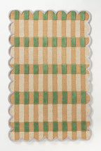 Hand-Tufted Wool Area Rug with Scalloped Edges, Beige and Green Plaid Pattern, Cozy and Soft Accent Rug for Living Room, Bedroom, and Nursery, Handmade Decorative Rug, 6x6 Ft (Round)