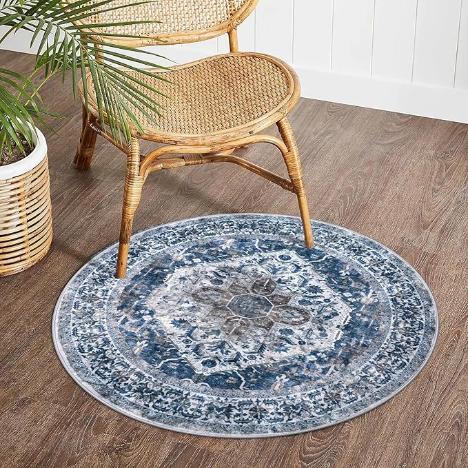 KOZYFLY Round Rug 3 Ft Rugs for Entryway Washable Circle Entrance Rug Non Slip Round Doormat Indoor Printed Faux Wool Round Front Door Mat Floor Carpet for Backdoor, Entryway, Bedroom, Blue