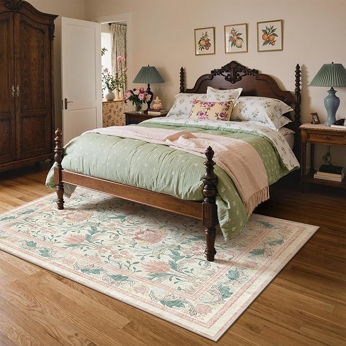 Bavni 5x7 Area Rugs for Living Room, Microfiber Machine Washable Non-Slip Vintage Floral Rug, Low Pile Lightweight Carpet for Bedroom, Dining Room, Home Office, Beige&Pink
