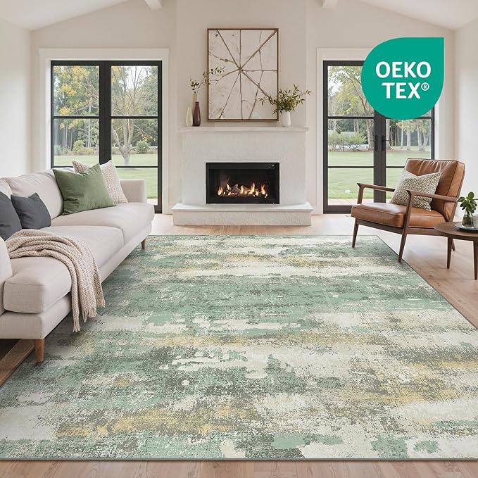 GENIMO No Crease Non Slip 9x12 Area Rugs for Living Room, Craft Woven Modern Abstract Rug, Soft Floor Carpet, Single-Piece Rugs for Bedroom, Dining Room, Office,Green Gray
