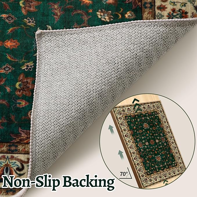 Tangsoo 5x7 Washable Rug, Floral Vintage Large Area Rugs for Living Room, Indoor Non Slip Print Floor Carpet, Soft Low Pile Machine Washable Rug for Bedroom Dining Room Dorm Home Decor Green